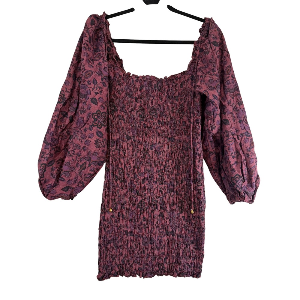 Free People Smocked Floral Mini Dress Plum Balloon Sleeve Boho Square Neck Small